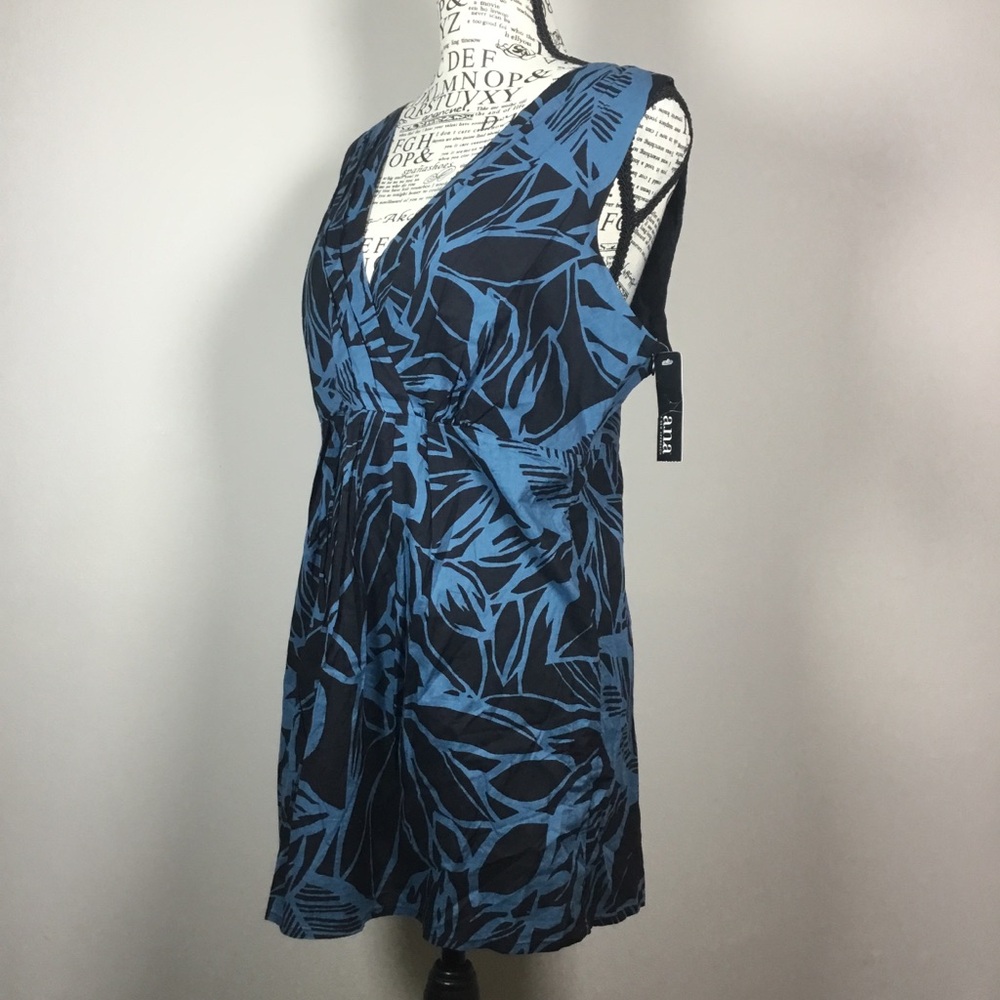 NWT A.n.a. 100% cotton sleeveless babydoll top black & blue exotic floral L - Picture 4 of 8
